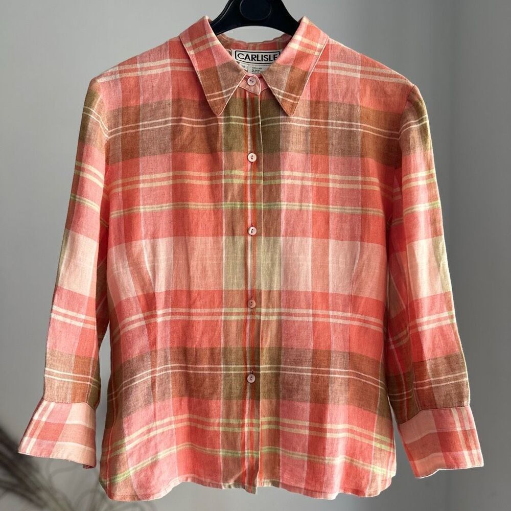 100% Linen Carlisle Shirt Plaid Size 12